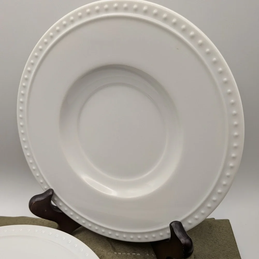 Crate and Barrel Staccato Saucers White Beaded Rim Kathleen Wills Japan Set of 4